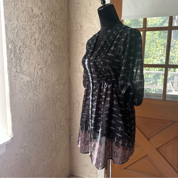 🦋 American Rag Black Half Sleeve Button Down Flowy Sheer Pleated Boho Blouse - Picture 2 of 13